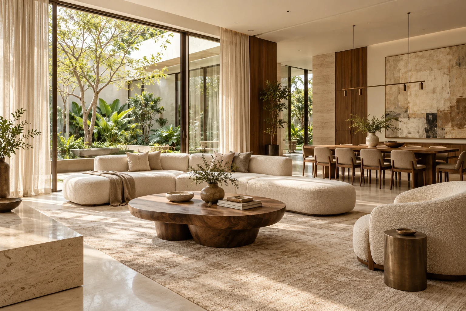 Illustrative interior concept combining natural materials, daylight and greenery