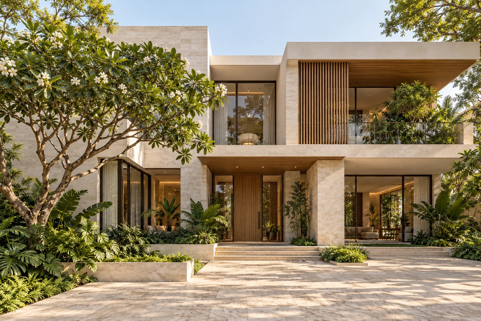 Contemporary villa concept with planted terraces and a generous entrance